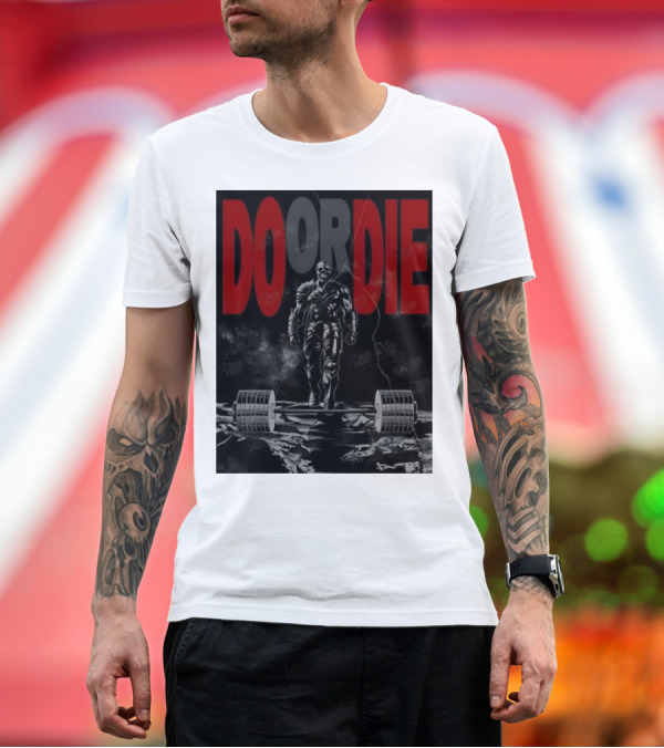 Premium T-Shirt: DO OR DIE Skeleton Weightlifter Cracked Ground Scene T-Shirt DO OR DIE Skeleton Weightlifter Cracked Ground Scene T-Shirt