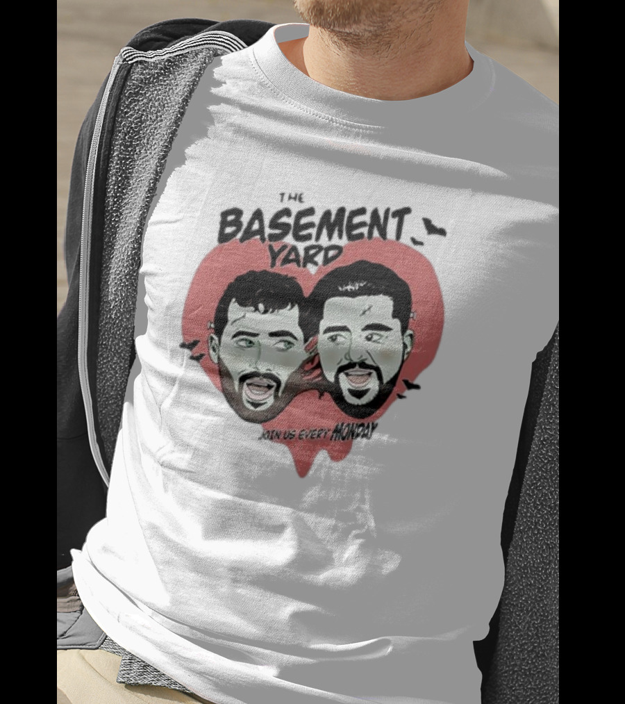 The Basement Yard Join Us Every Monday Spooky Season With Two Characters And Bats T-Shirt