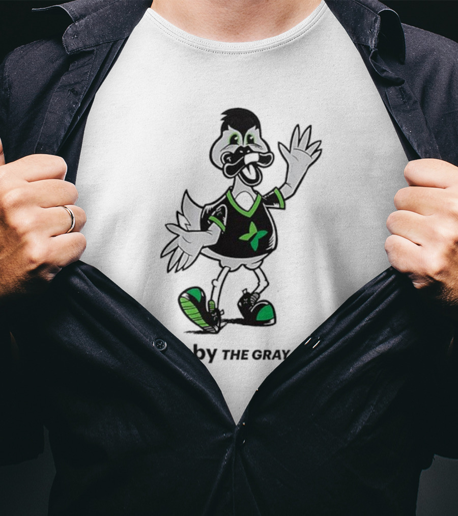 Stribby The Gray Duck Cartoon Mascot With Green And Black T-Shirt