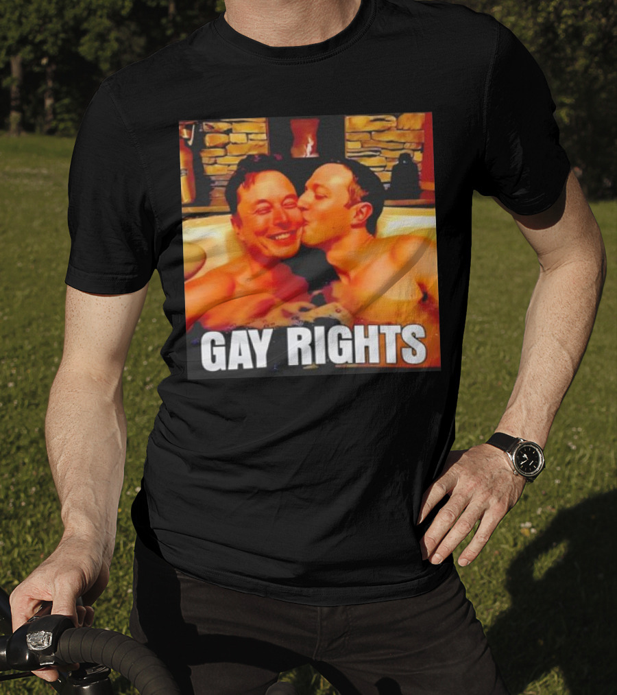 GAY RIGHTS Elon Musk Mark Zuckerberg Kissing Hot Tub Fireplace T-Shirt