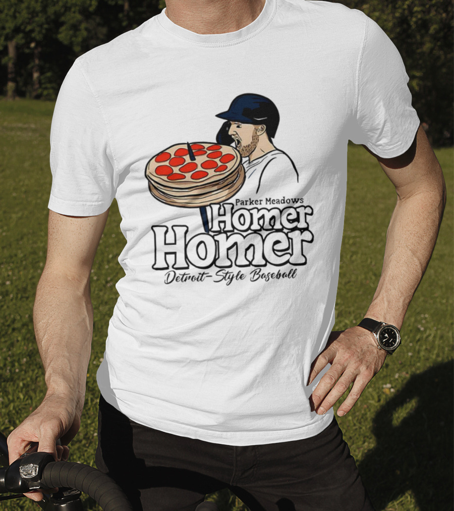 Parker Meadows Homer Homer Detroit-Style Baseball Pizza T-Shirt