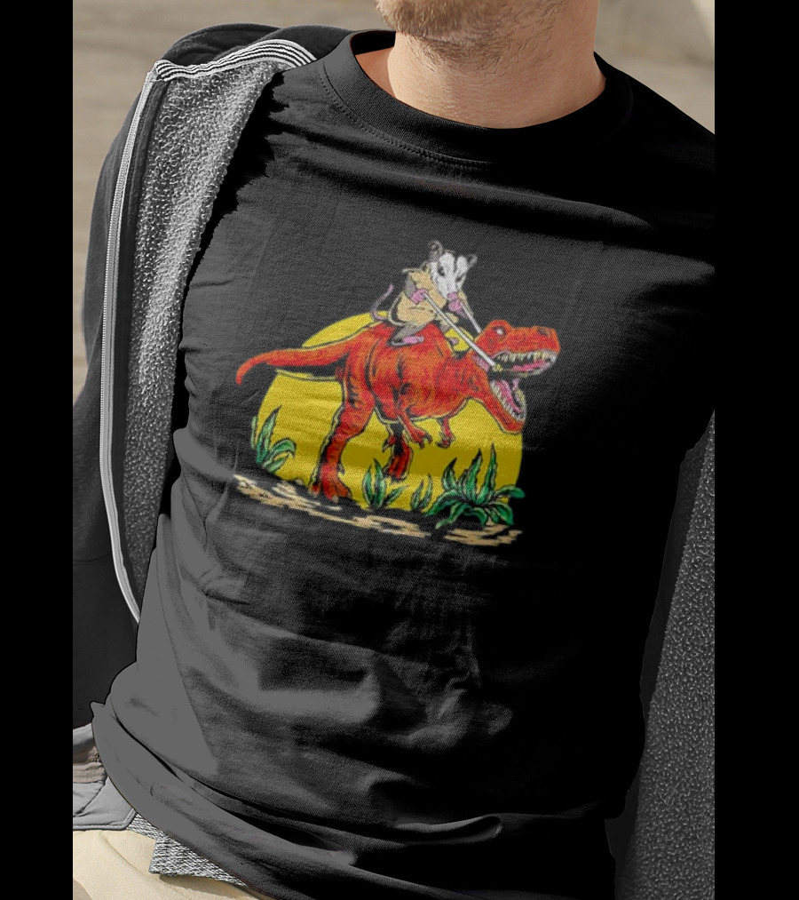 Opossum Riding T-Rex Dinosaur Retro Sunset Forest Scene T-Shirt