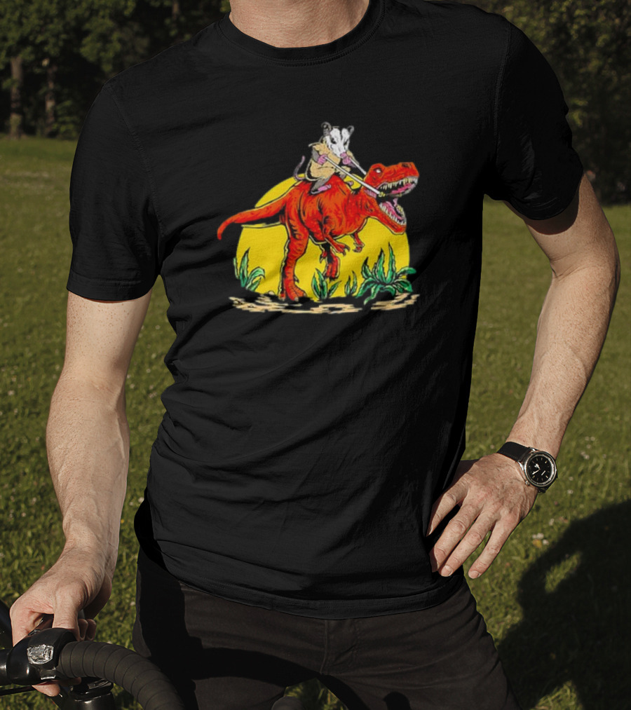 Opossum Riding T-Rex Dinosaur Retro Sunset Forest Scene T-Shirt