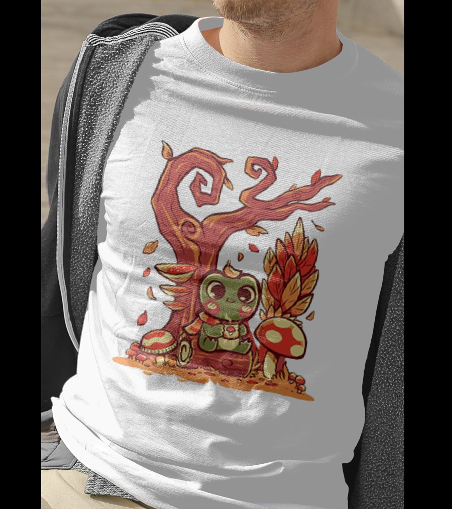 Cozy Autumn Days Cute Frog Enjoying Fall Leaves T-Shirt