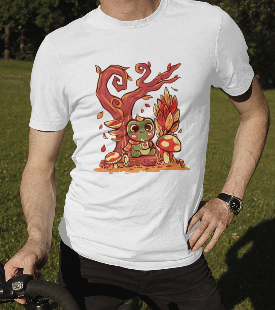 Cozy Autumn Days Cute Frog Enjoying Fall Leaves T-Shirt