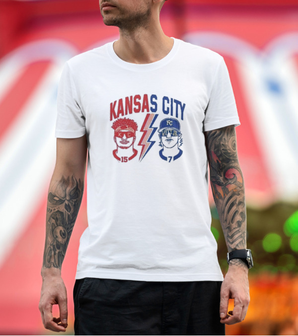Premium T-Shirt: Kansas City Chiefs Patrick Mahomes 15 and Royals Bobby Witt Jr 7 T-Shirt Kansas City Chiefs Patrick Mahomes 15 and Royals Bobby Witt Jr 7 T-Shirt