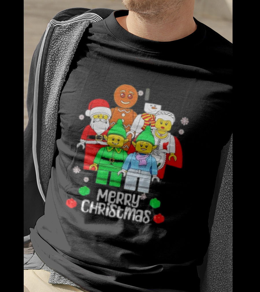 Merry Christmas Santa Elf Snowman Gingerbread Building Bricks Figures T-Shirt