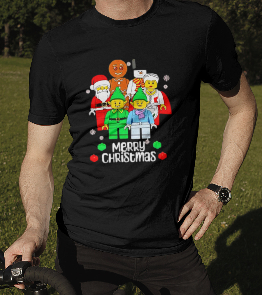 Merry Christmas Santa Elf Snowman Gingerbread Building Bricks Figures T-Shirt