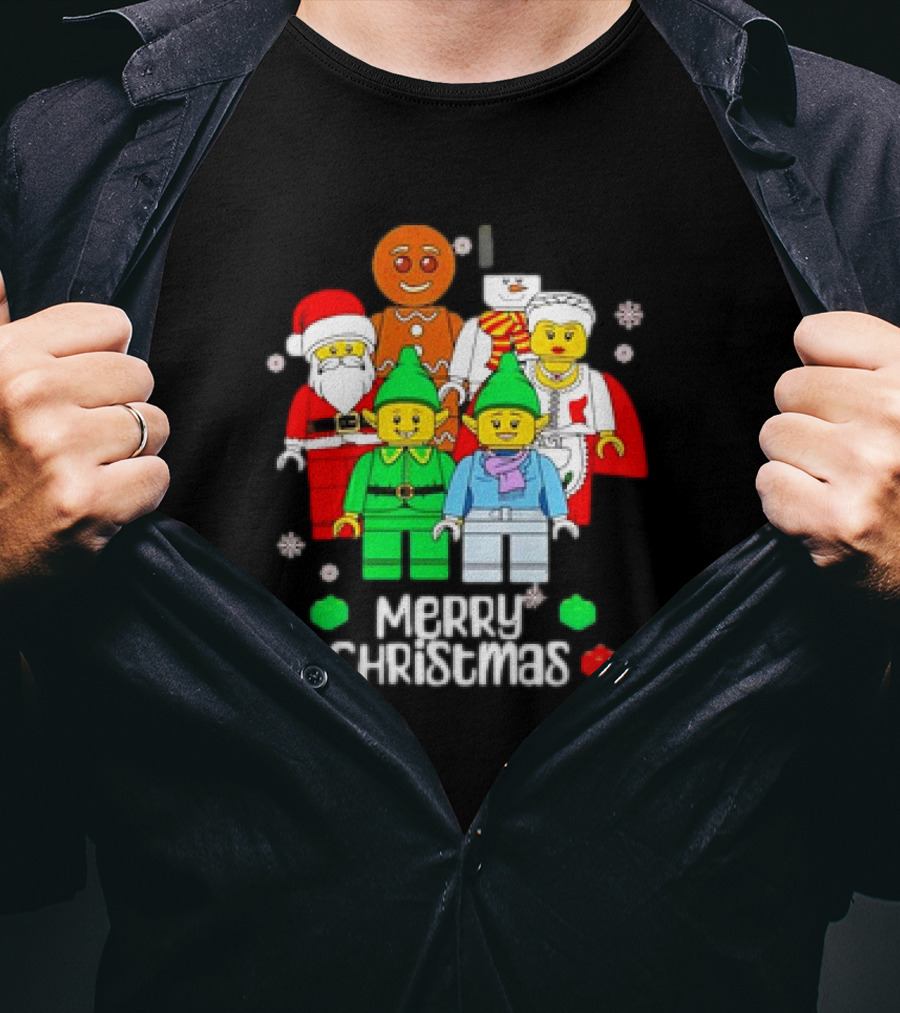 Merry Christmas Santa Elf Snowman Gingerbread Building Bricks Figures T-Shirt