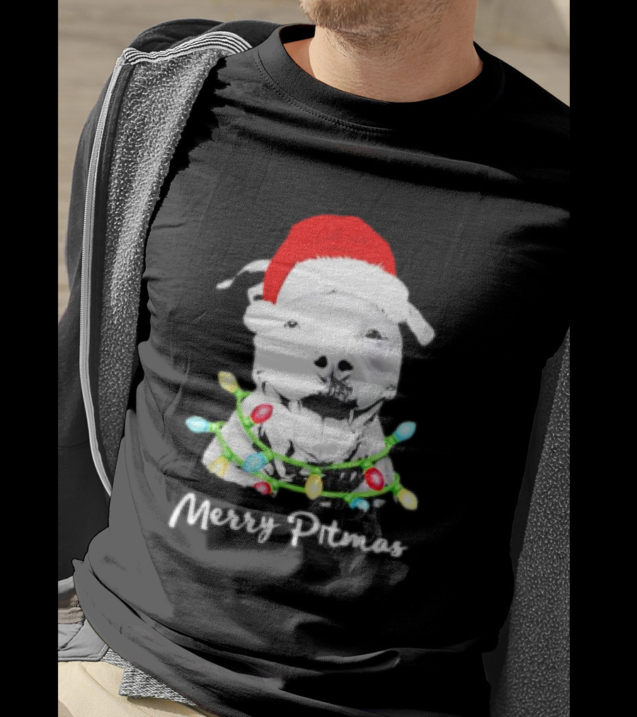Merry Pitmas Pit Bull Santa With Christmas Tree Lights T-Shirt