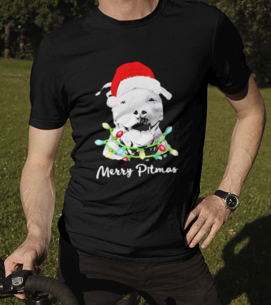 Merry Pitmas Pit Bull Santa With Christmas Tree Lights T-Shirt