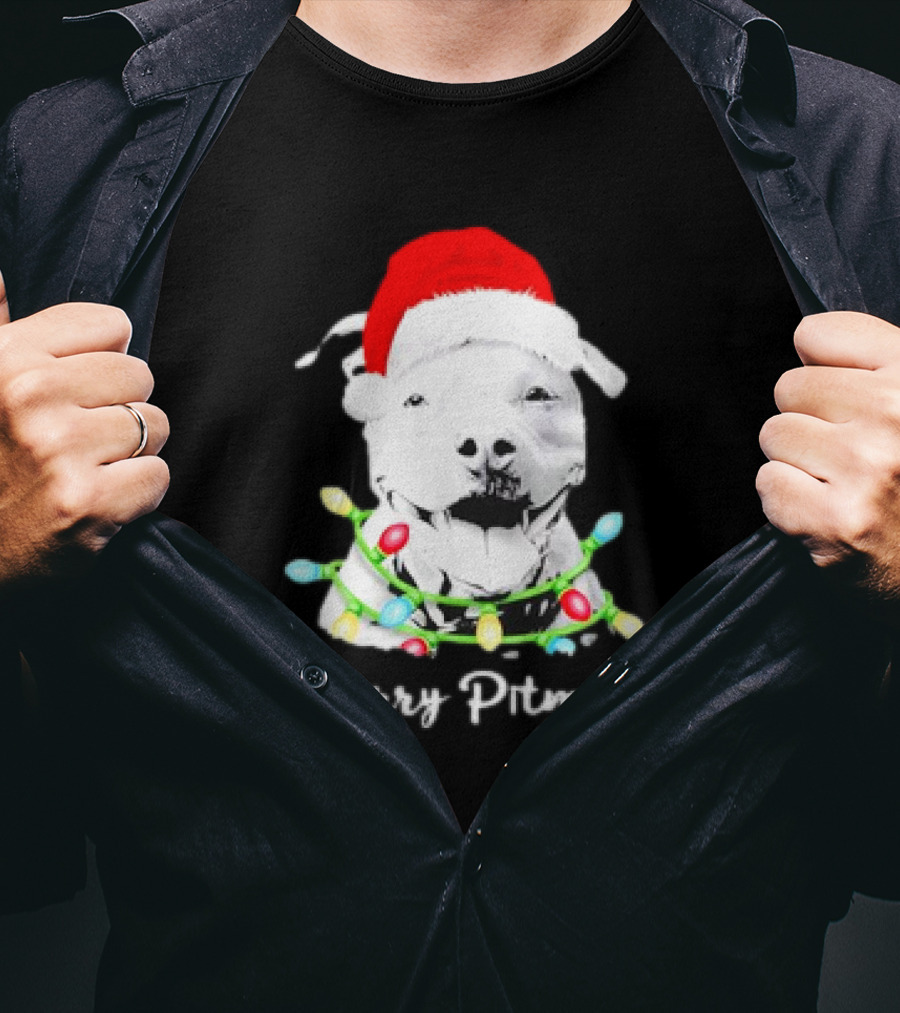 Merry Pitmas Pit Bull Santa With Christmas Tree Lights T-Shirt