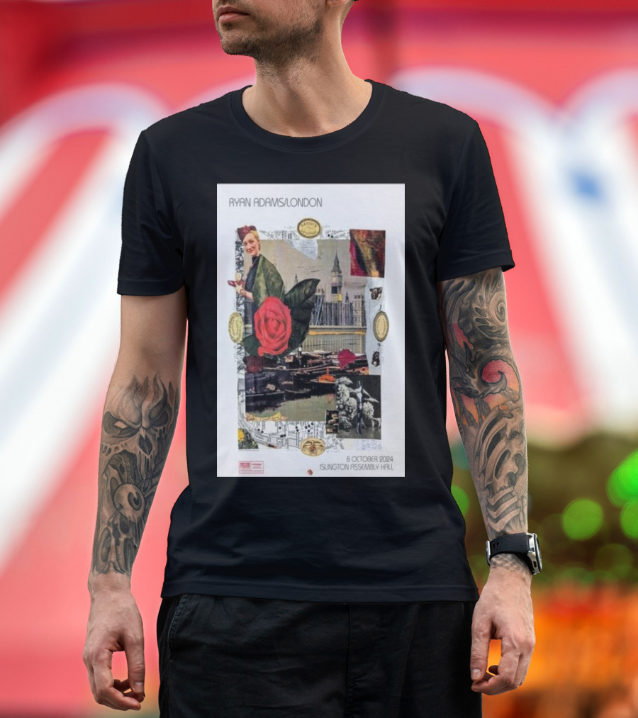 Ryan Adams London 8 October 2024 Islington Assembly Hall Collage with Rose and Landmark T-Shirt