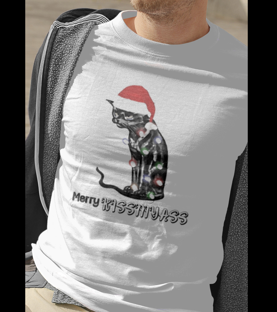 Merry Kiss My Ass Cat Christmas Lights Santa Hat T-Shirt