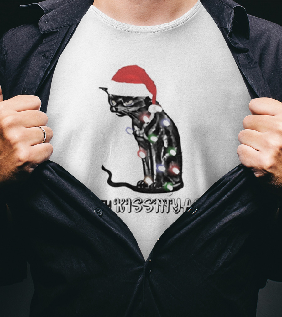 Merry Kiss My Ass Cat Christmas Lights Santa Hat T-Shirt