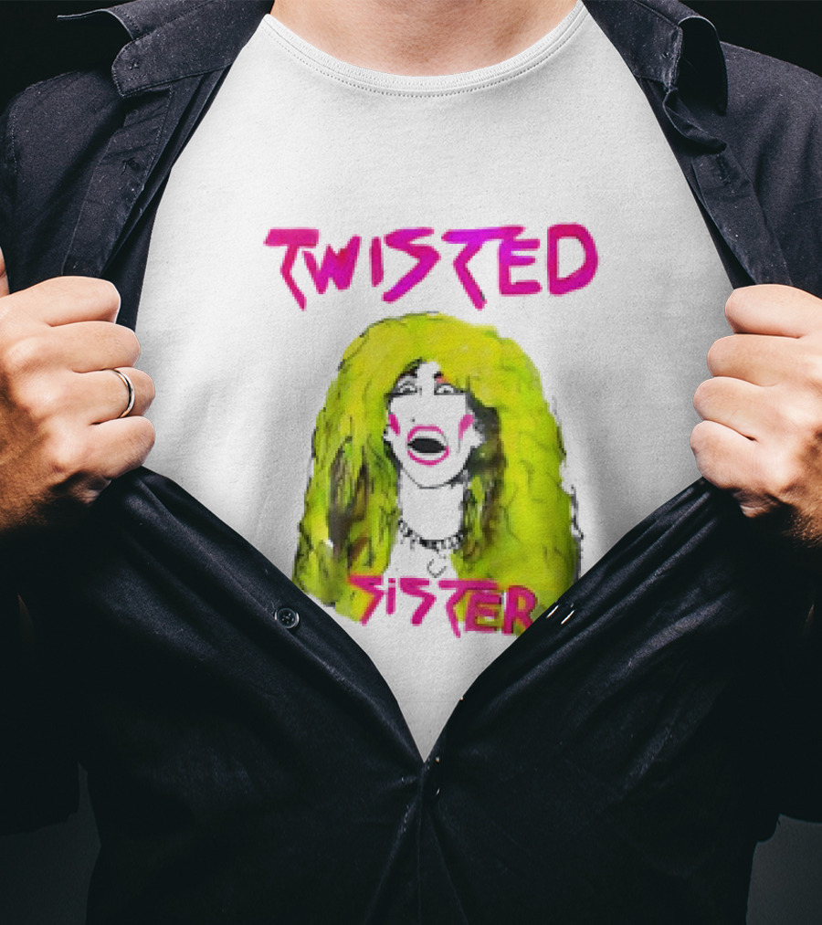 Twisted Sister Cartoon Portrait Neon Hair Rock Face T-Shirt
