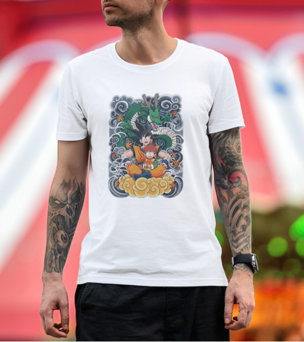 Premium T-Shirt: Dragon with Goku and Gohan Anime Cloud Adventure T-Shirt Dragon with Goku and Gohan Anime Cloud Adventure T-Shirt