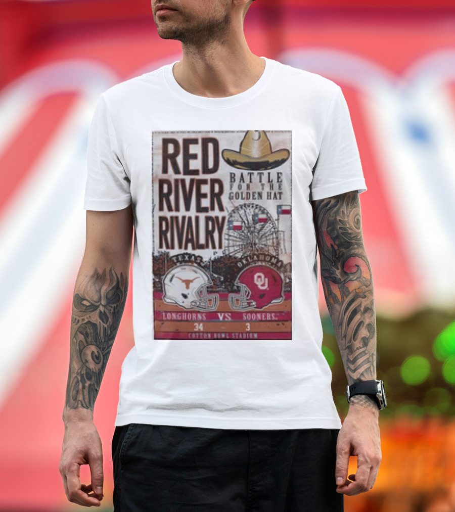 Texas Longhorns Vs Oklahoma Sooners Red River Rivalry Battle for the Golden Hat 34-3 Cotton Bowl Stadium T-Shirt