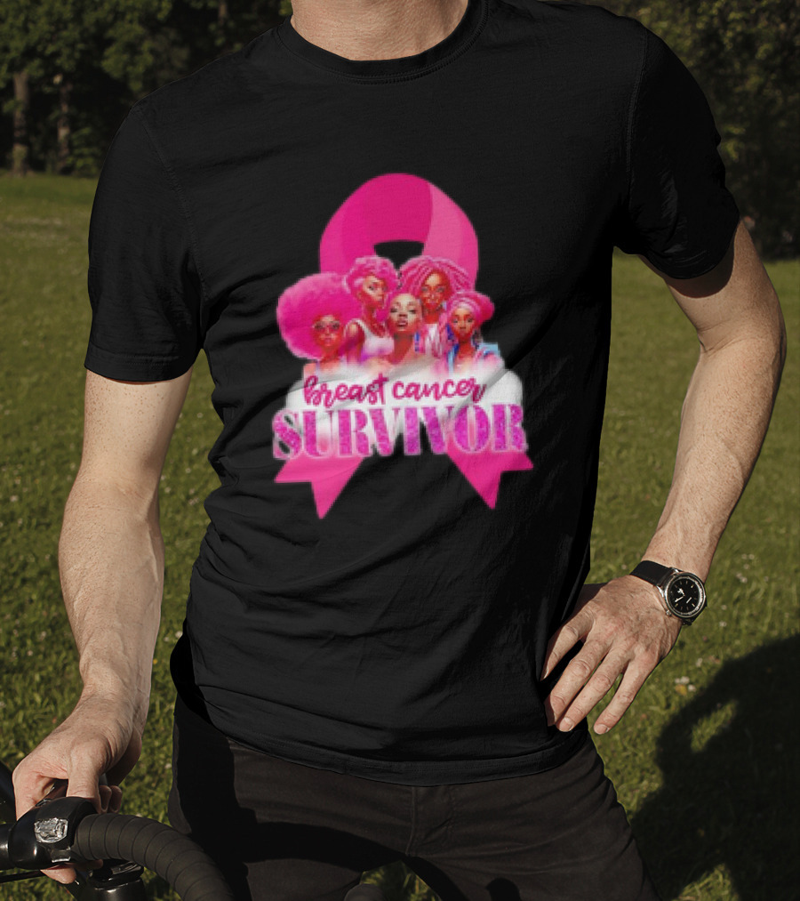 Breast Cancer Survivor Pink Ribbon Black Women Melanin Warrior T-Shirt