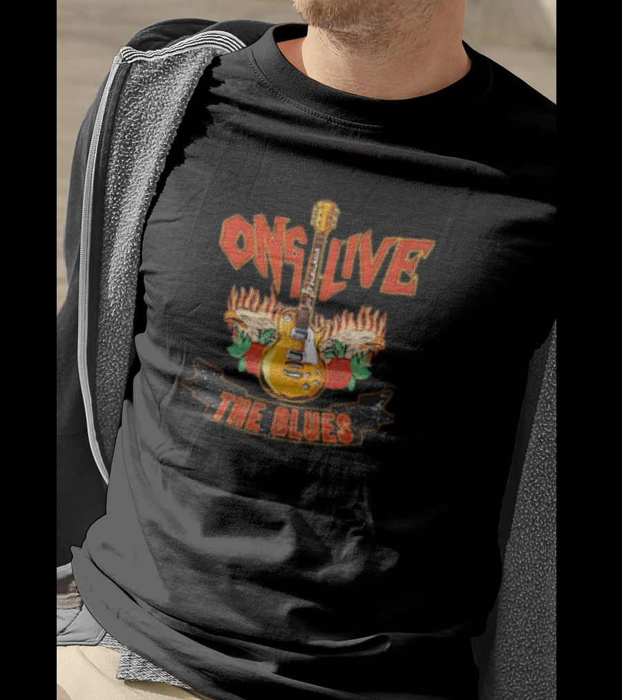 Long Live The Blues Guitar Flames And Roses T-Shirt