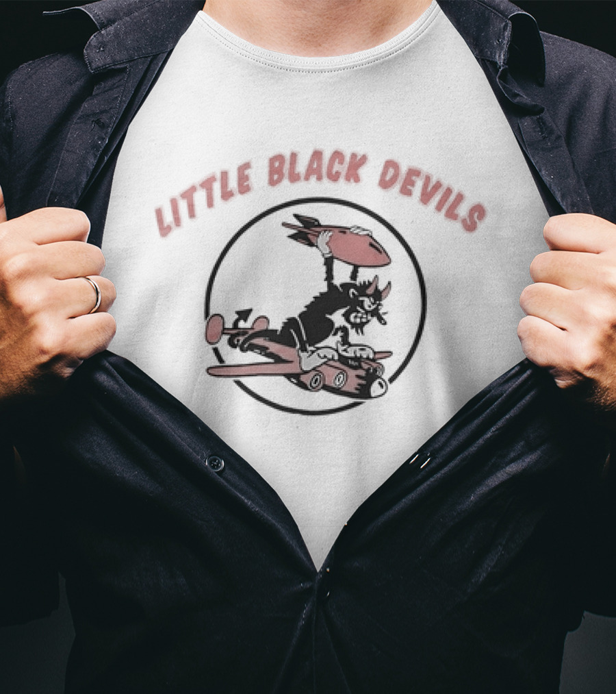 Little Black Devils Cartoon Character Holding Bomb On Airplane T-Shirt