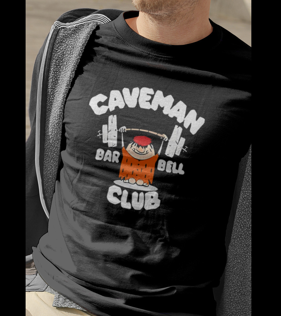 Caveman Club Bar Bell Weightlifting Cartoon T-Shirt