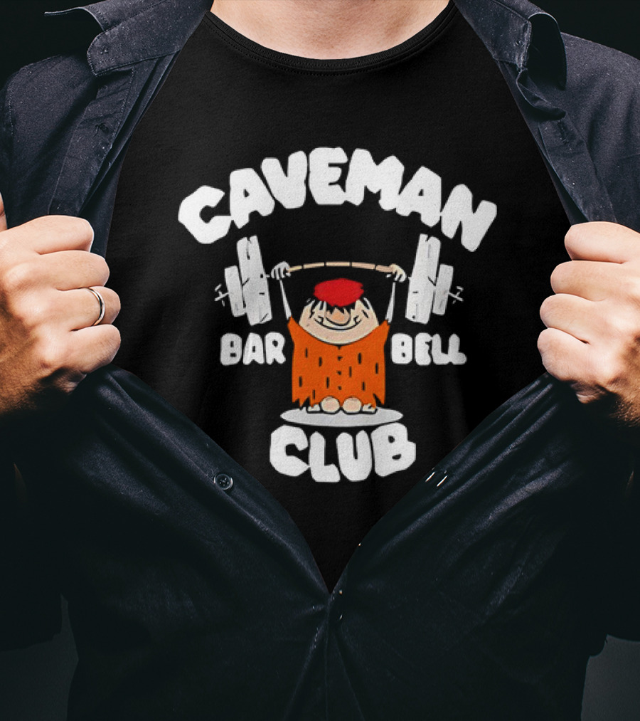 Caveman Club Bar Bell Weightlifting Cartoon T-Shirt