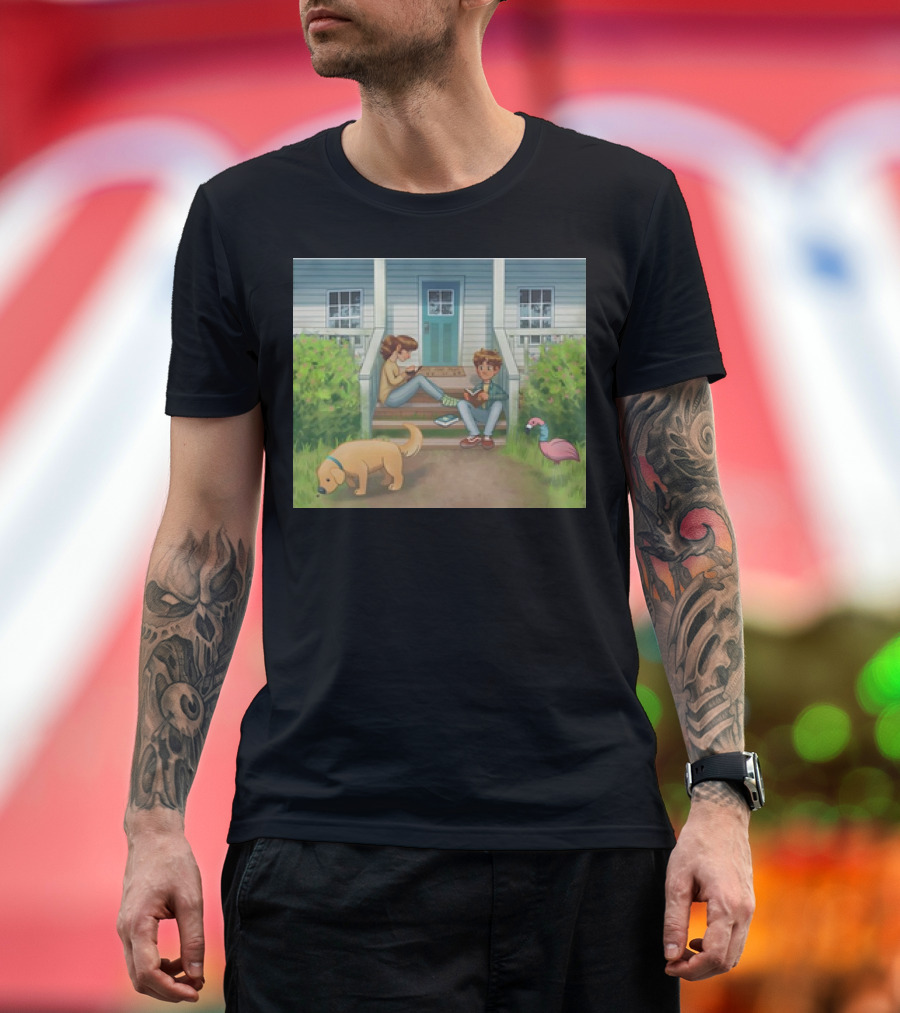 McHall’s Front Porch with Kids Reading and Dog in Yard Scene T-Shirt