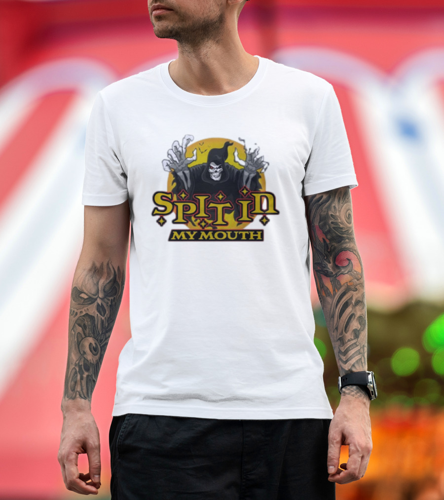 Spit In My Mouth Halloween Grim Reaper Skeleton Cloak Hands Raised T-Shirt
