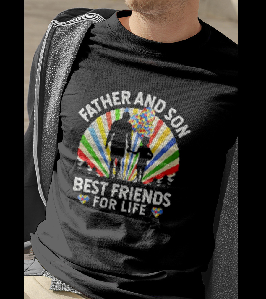 Father And Son Best Friends For Life Colorful Autism Awareness Ribbon Hearts T-Shirt