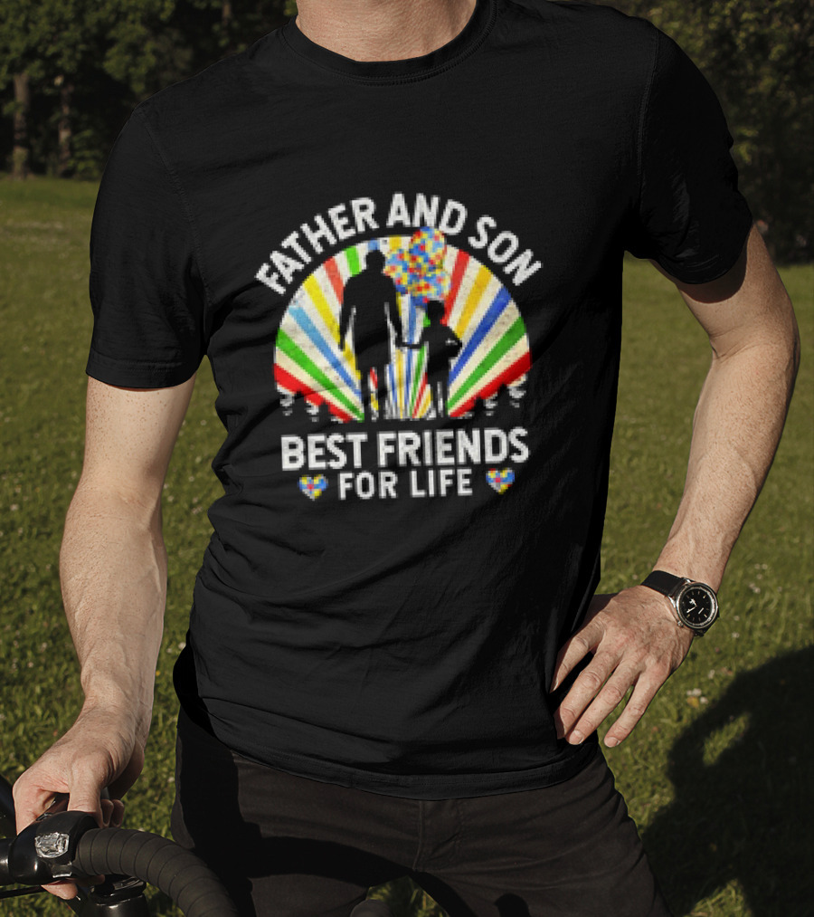 Father And Son Best Friends For Life Colorful Autism Awareness Ribbon Hearts T-Shirt