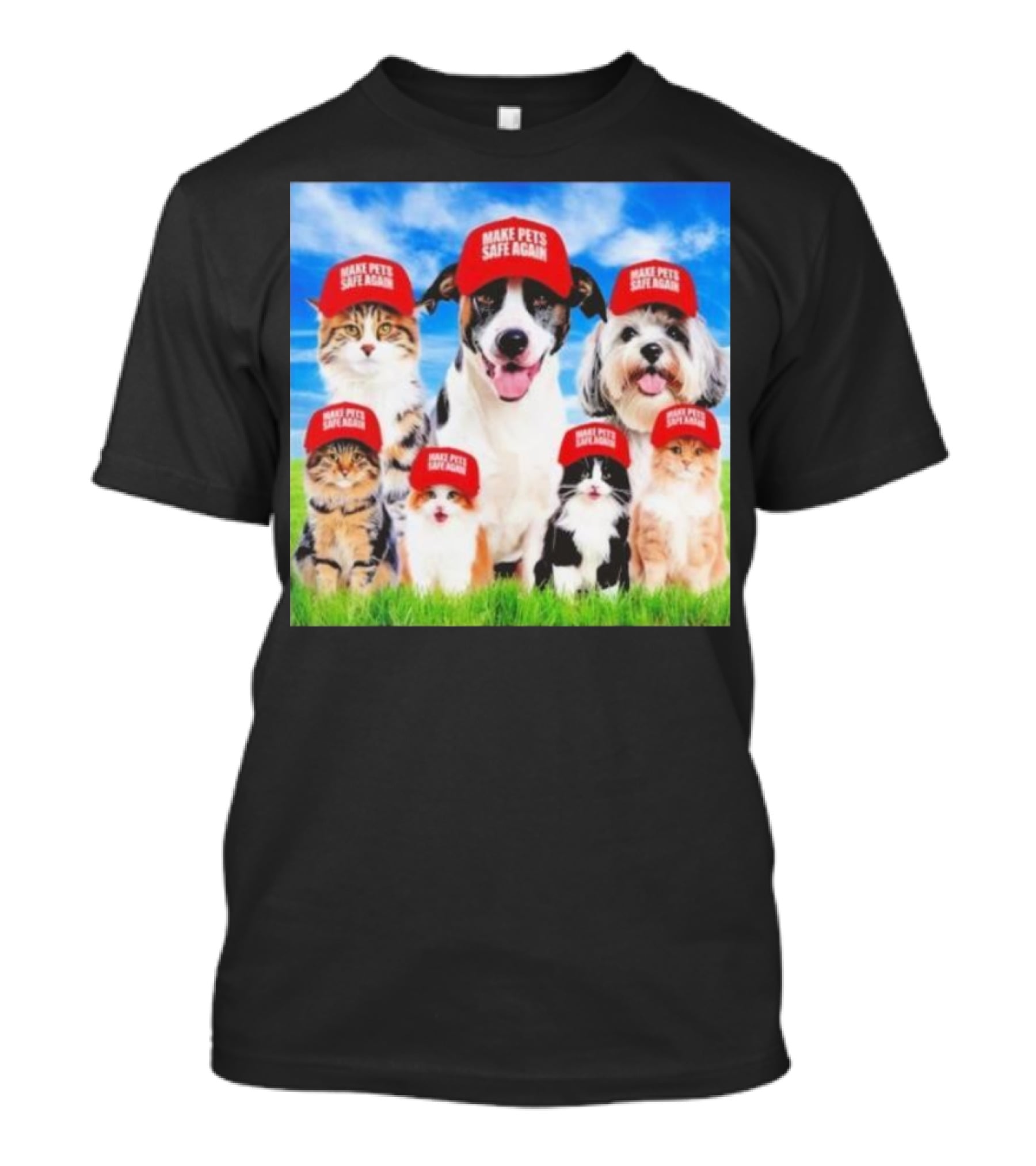 Six Cats And Dogs Wearing Red Make Pets Safe Again Hats On Green Grass T-Shirt