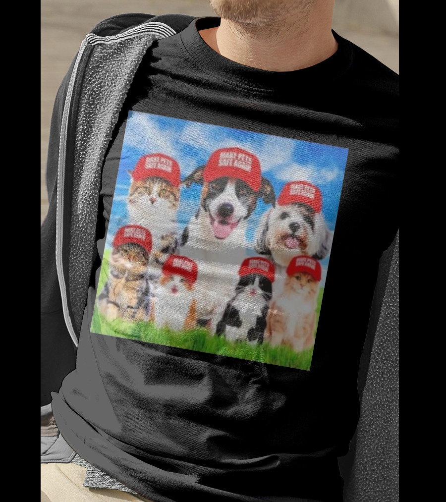Six Cats And Dogs Wearing Red Make Pets Safe Again Hats On Green Grass T-Shirt
