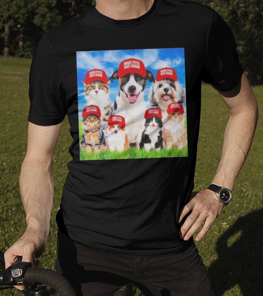 Six Cats And Dogs Wearing Red Make Pets Safe Again Hats On Green Grass T-Shirt