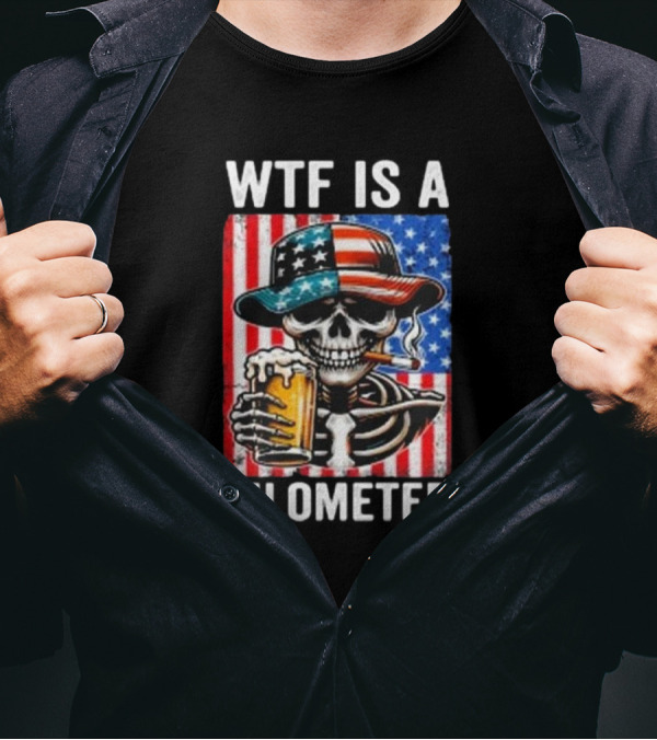WTF Is A Kilometer Funny American Skeleton USA Flag 4th Of July T-Shirt