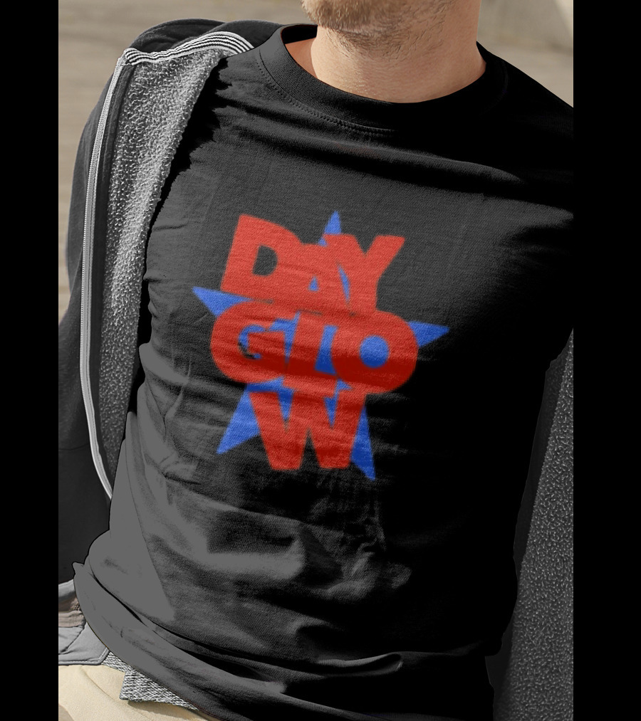 Day Glow Red Blue Star Stacked Black T-Shirt