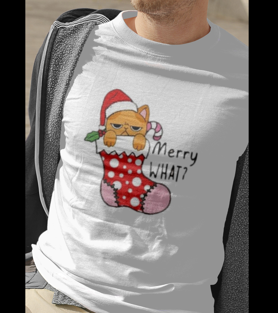 Merry What Cat In Santa Hat Christmas Stocking T-Shirt