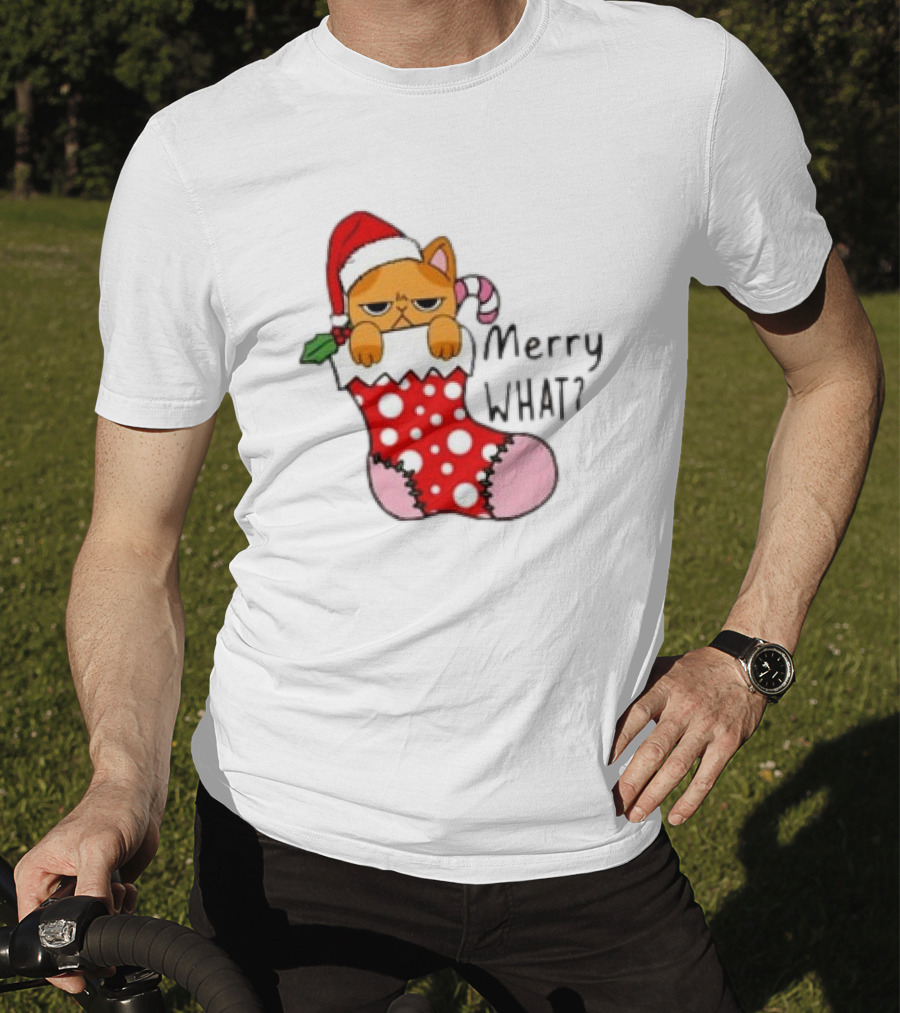 Merry What Cat In Santa Hat Christmas Stocking T-Shirt