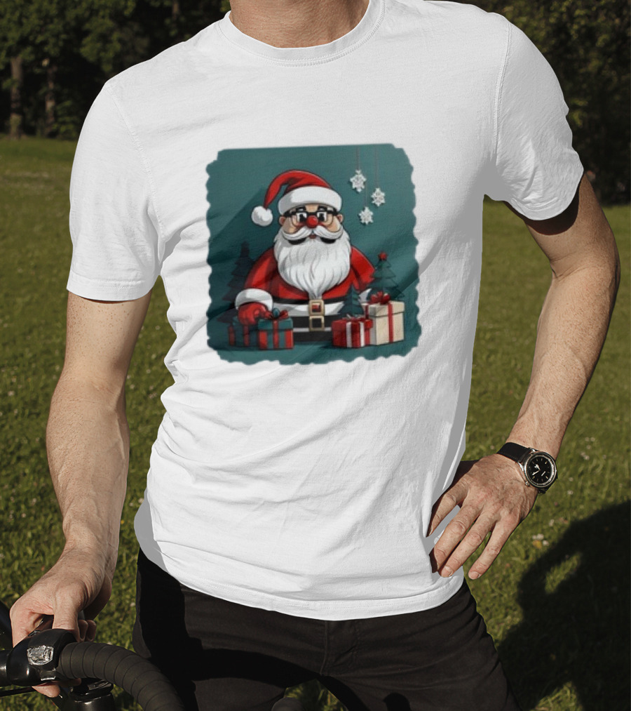 Santa Claus With Snowflakes And Presents Christmas Holiday Scene T-Shirt