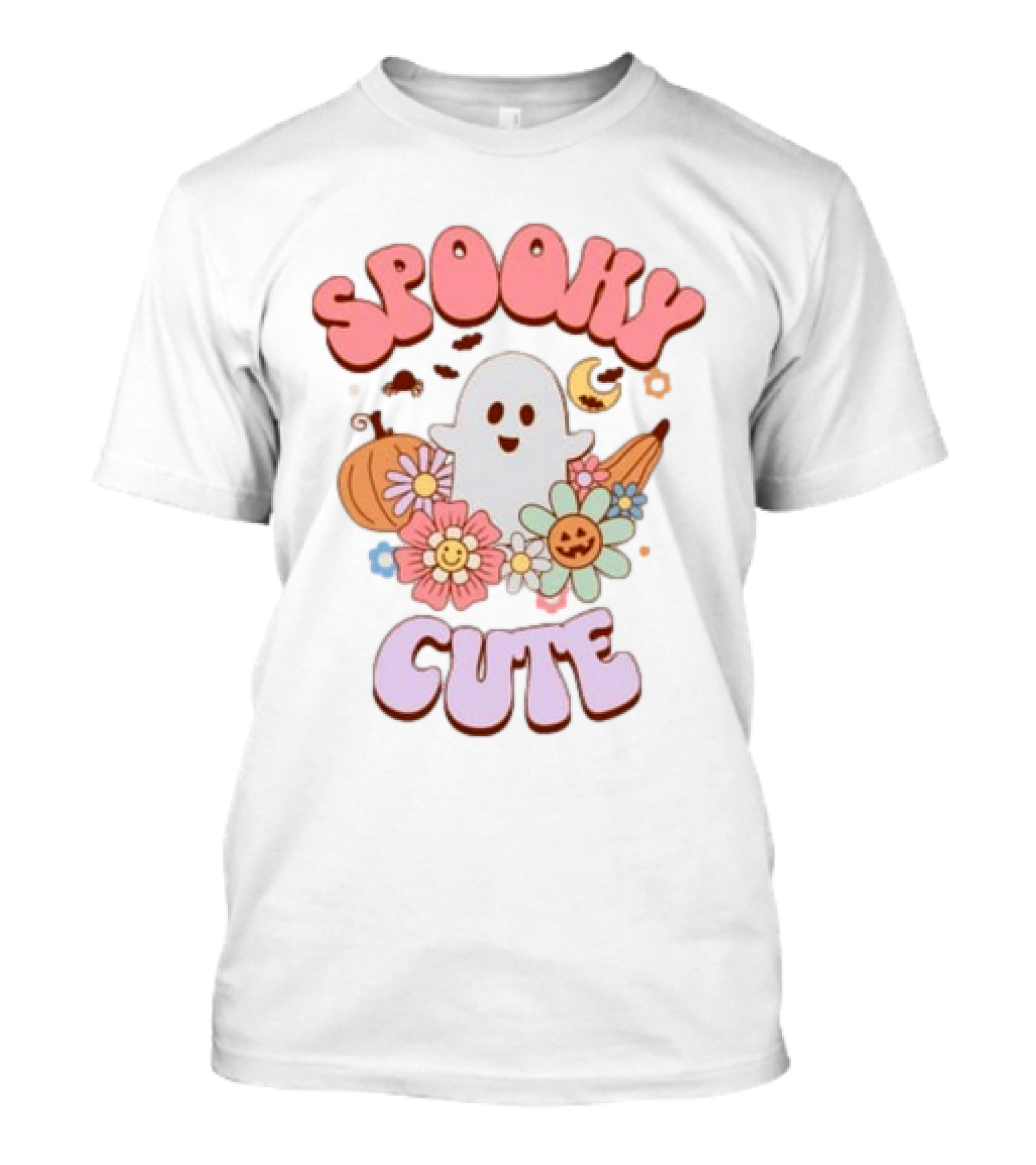 Spooky Cute Ghost With Pumpkins Flowers And Crescent Moon T-Shirt