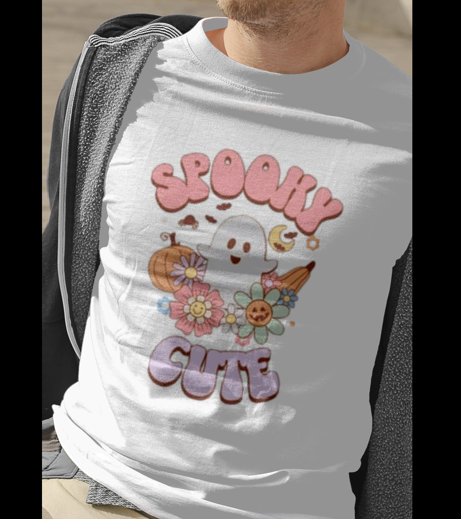 Spooky Cute Ghost With Pumpkins Flowers And Crescent Moon T-Shirt