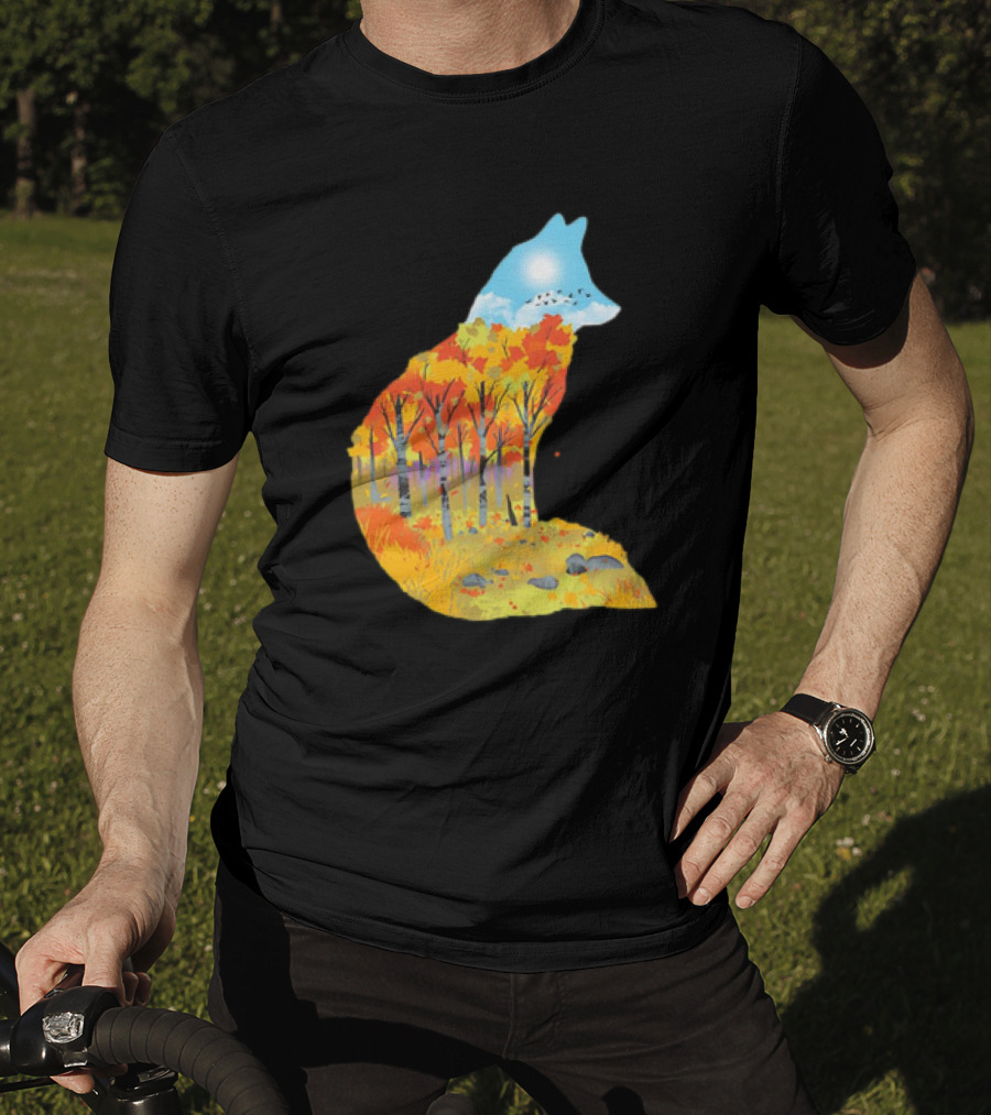 Fox Autumn Forest Landscape With Sun And Birds - I Am The Forest II T-Shirt
