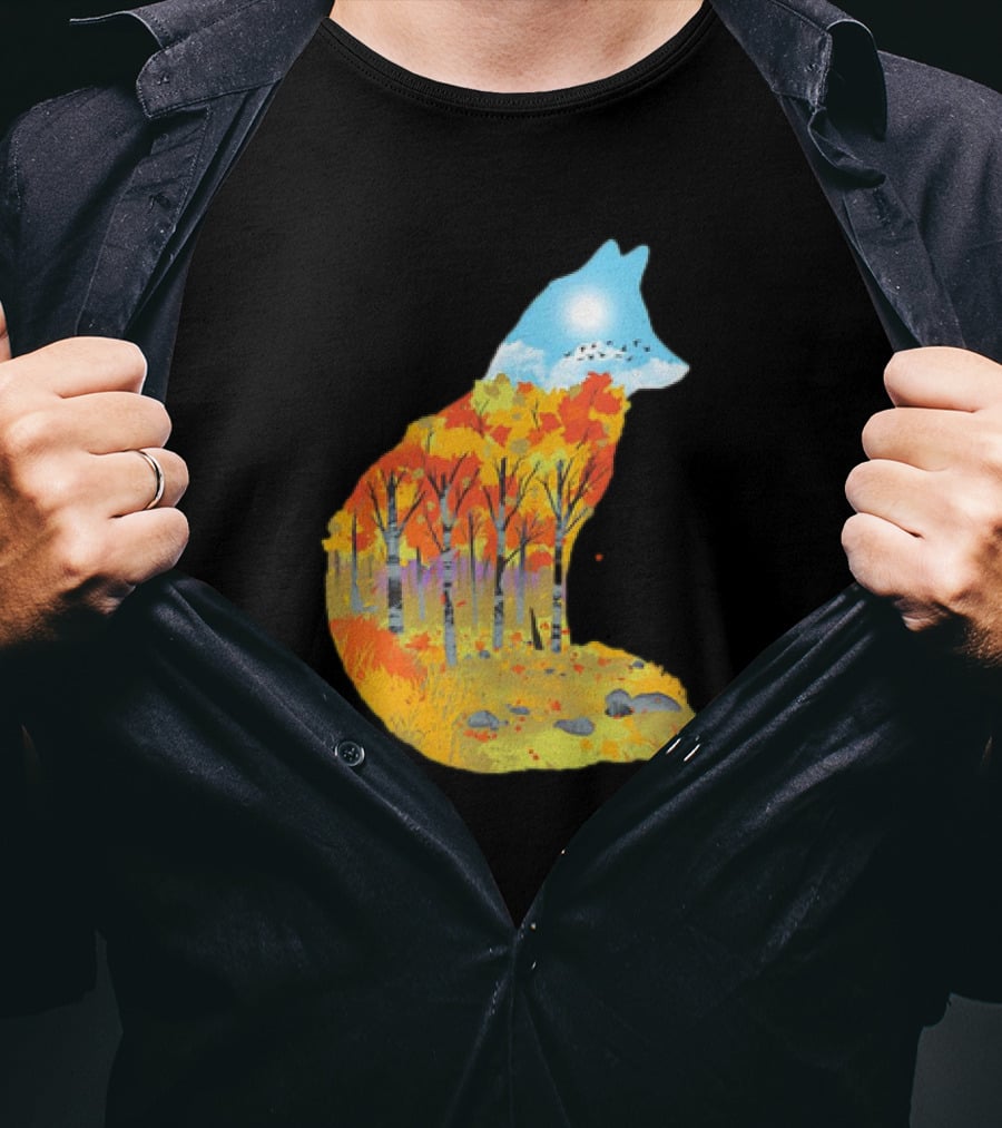 Fox Autumn Forest Landscape With Sun And Birds - I Am The Forest II T-Shirt