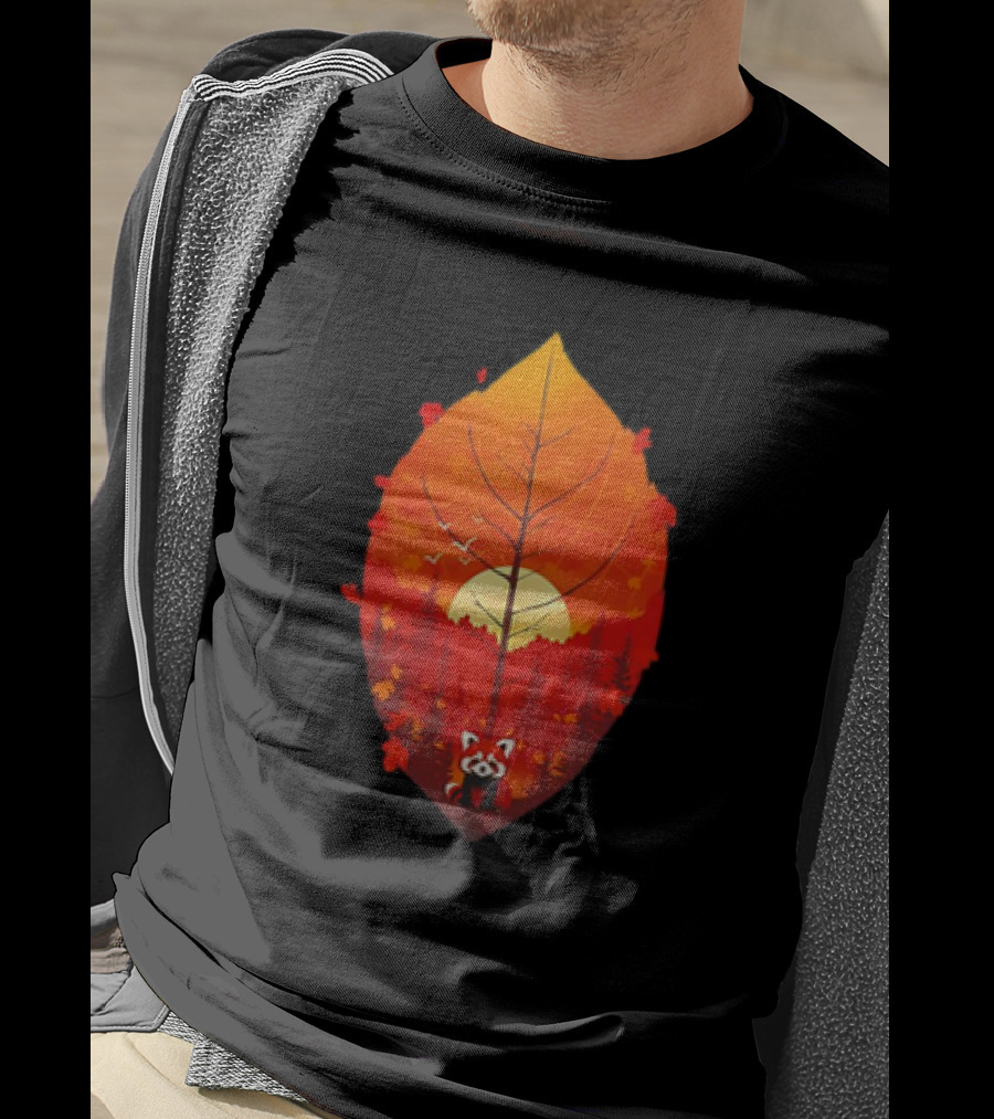 Panda Red Leaf Forest Sunset T-Shirt