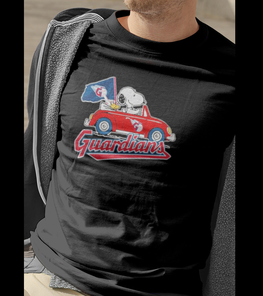 Peanuts Snoopy Woodstock Driving Car Cleveland Guardians Flag T-Shirt
