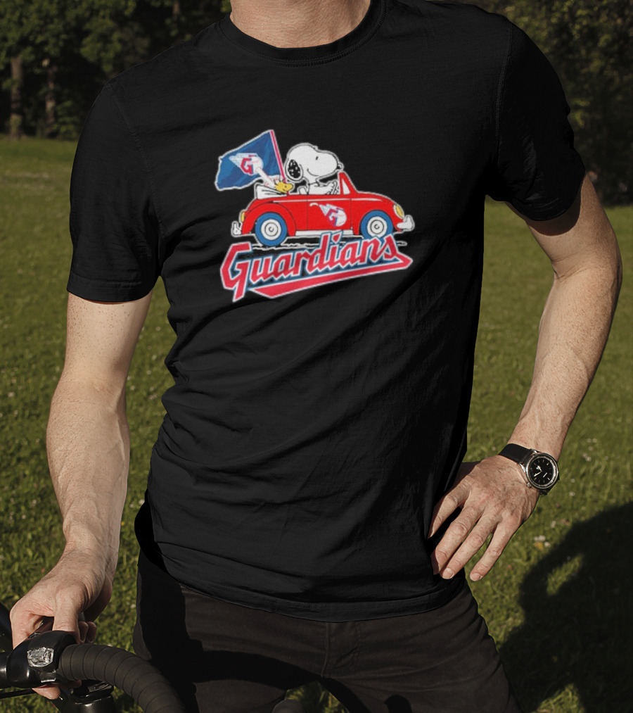 Peanuts Snoopy Woodstock Driving Car Cleveland Guardians Flag T-Shirt