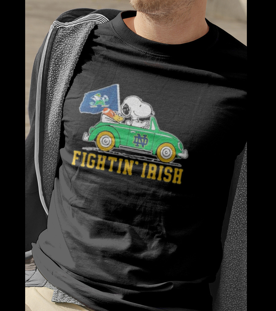 Peanuts Snoopy Woodstock Driving Notre Dame Fighting Irish Car T-Shirt