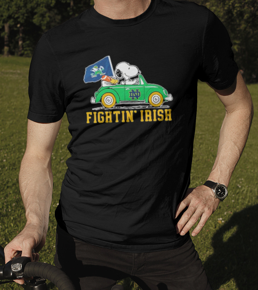 Peanuts Snoopy Woodstock Driving Notre Dame Fighting Irish Car T-Shirt