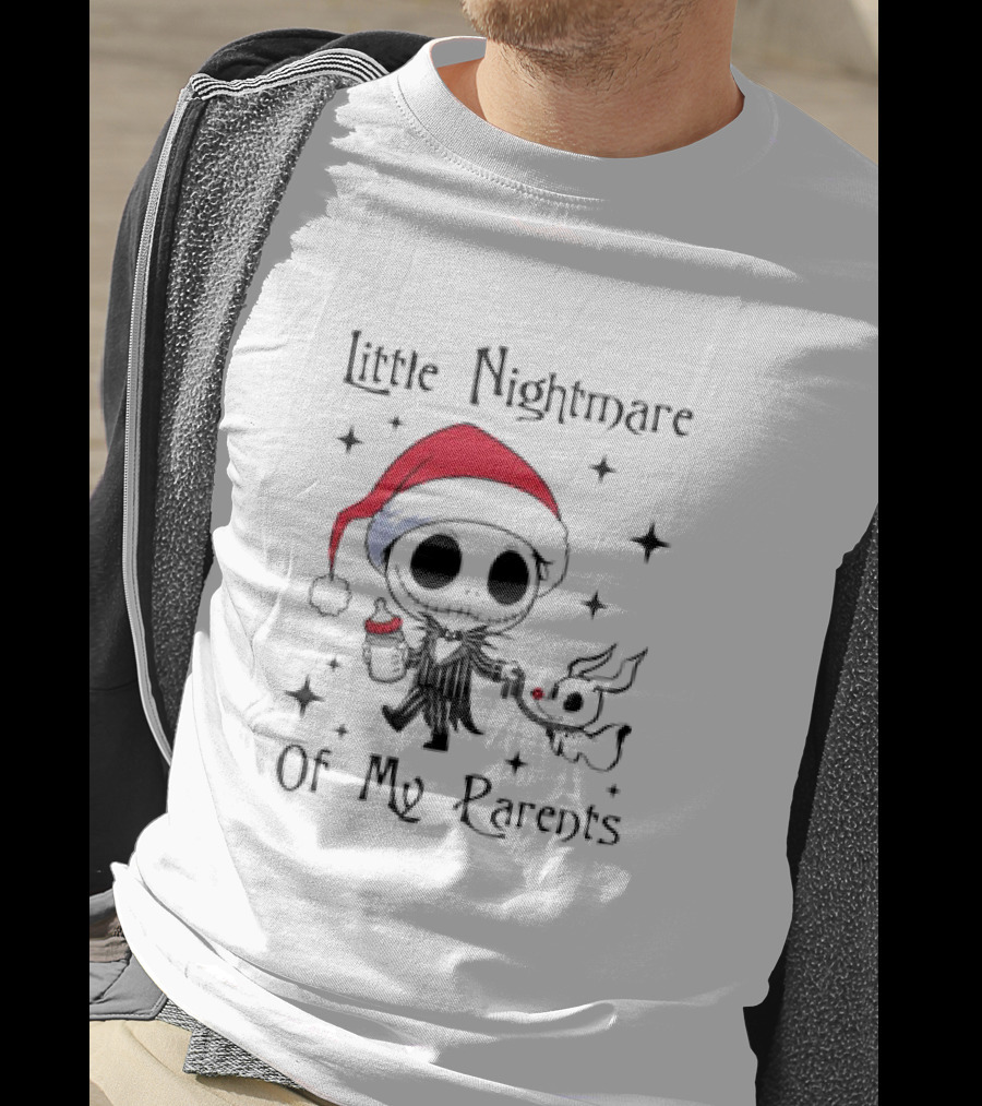 Little Nightmare Of My Parents Jack Skellington Santa Hat Holding Milk And Dog T-Shirt