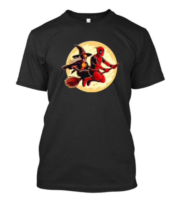 Deadpool And Wolverine Halloween Retro Moon Broom Ride T-Shirt